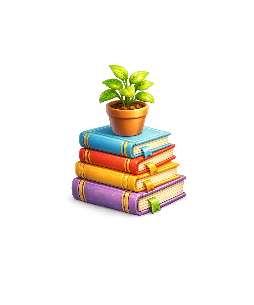 Pilha de livros com plantinha